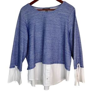 Alexander Jordan Womens Blue Striped Blouse Mixed Media Modern Preppy Size 2X‎